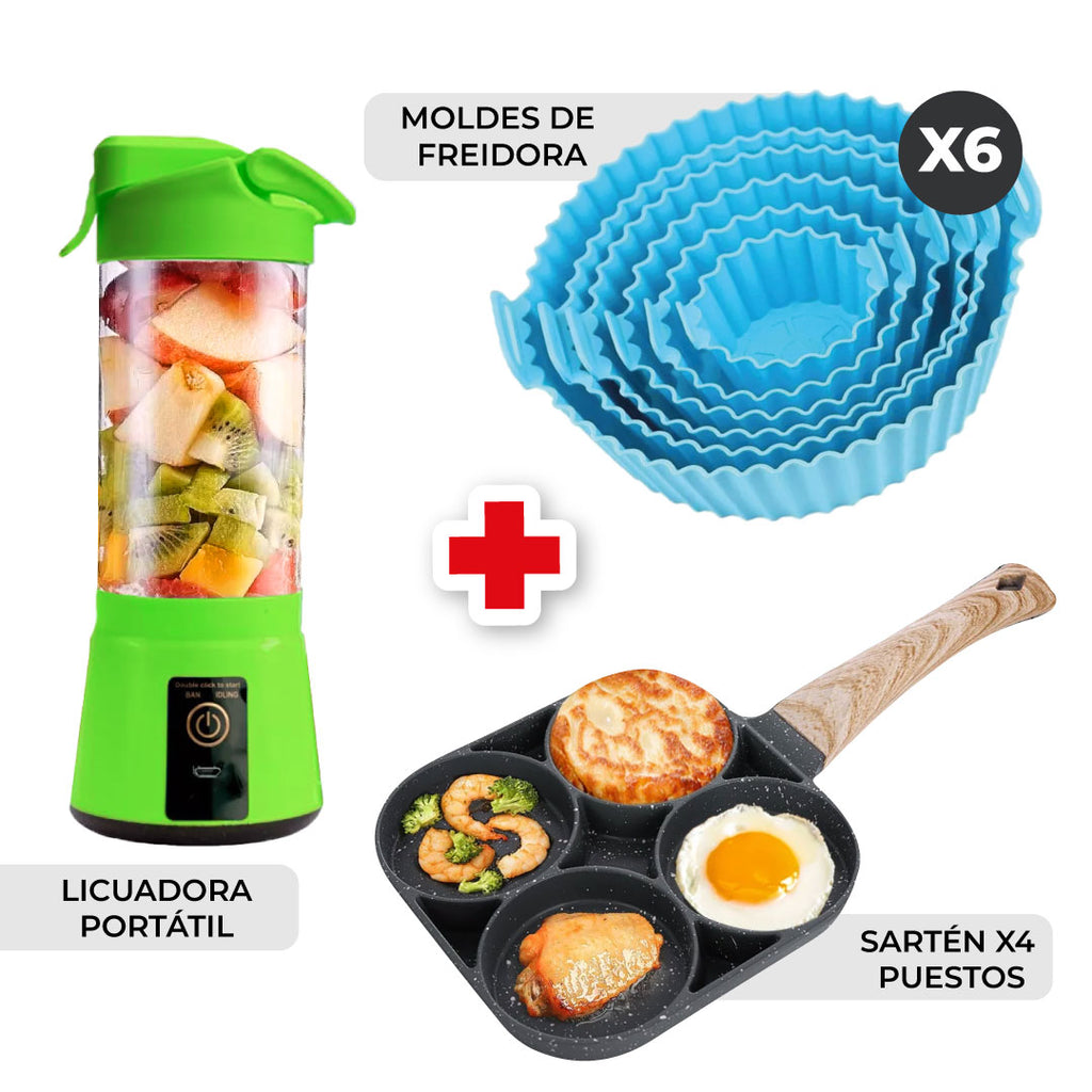 Kit Premium de Cocina. Licuadora Portátil, Moldes para Freidora X6 Y Sartén X4 Puestos